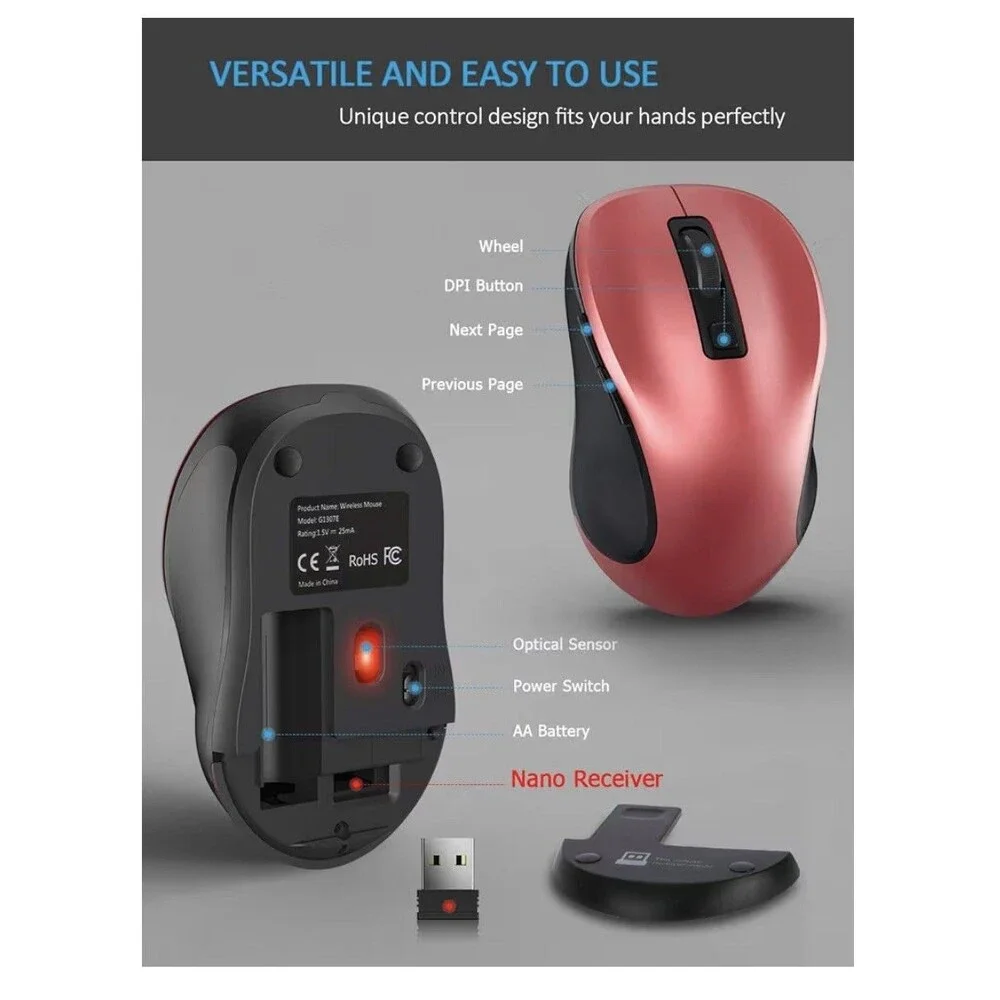 Wireless Mouse Red 2.4G w/ 6D Buttons, ergonomic, smooth Mouse for Laptop PC Mac